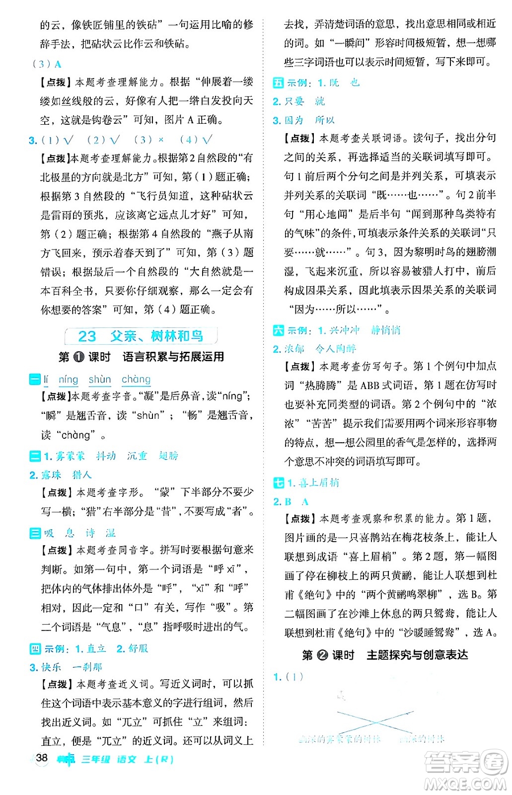 吉林教育出版社2024年秋綜合應用創(chuàng)新題典中點三年級語文上冊人教版答案