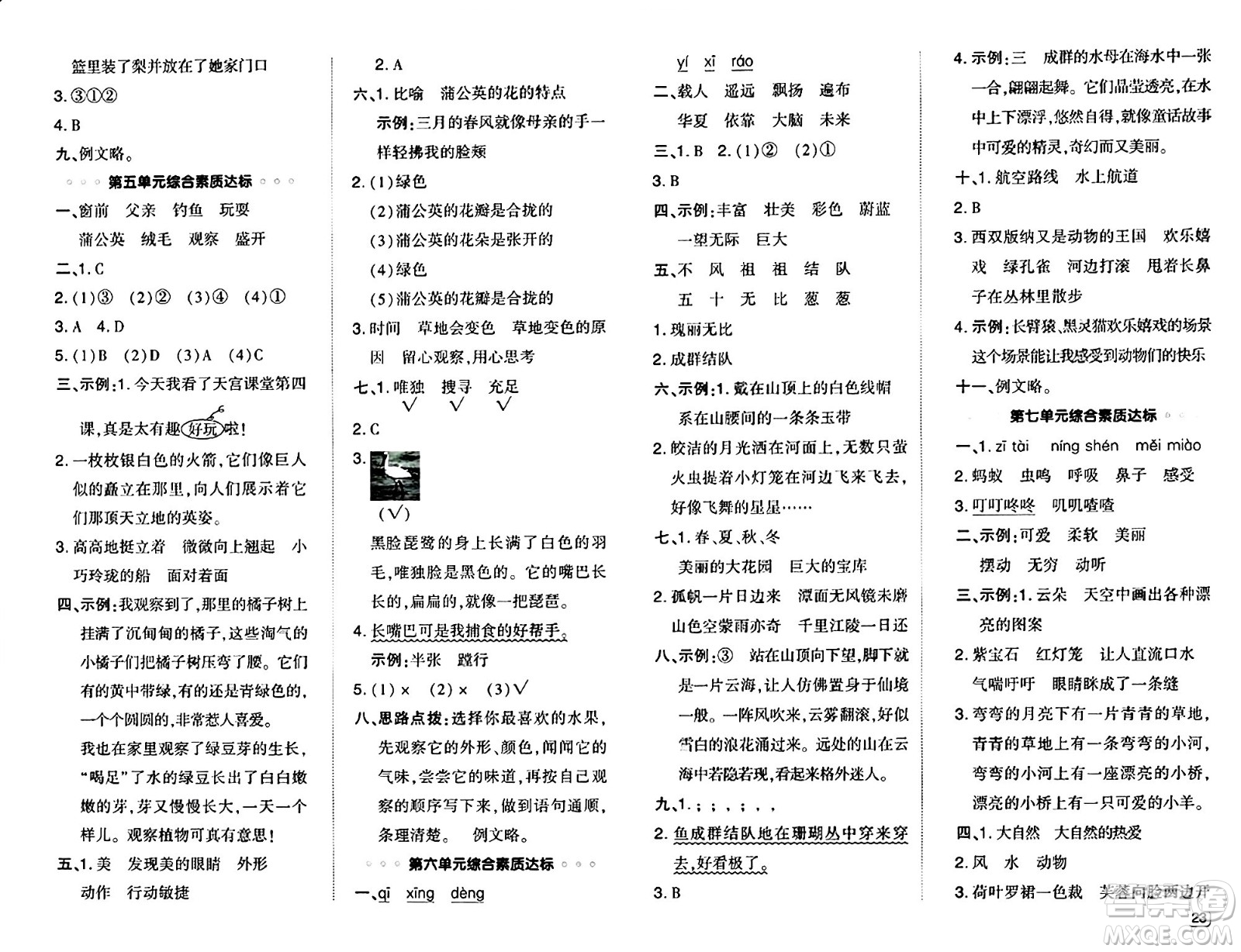 吉林教育出版社2024年秋綜合應用創(chuàng)新題典中點三年級語文上冊人教版答案