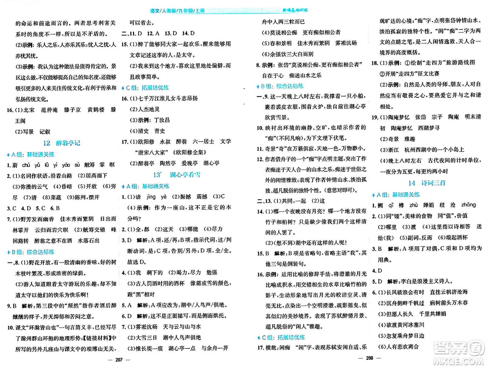 安徽教育出版社2024年秋新編基礎(chǔ)訓(xùn)練九年級(jí)語文上冊人教版答案