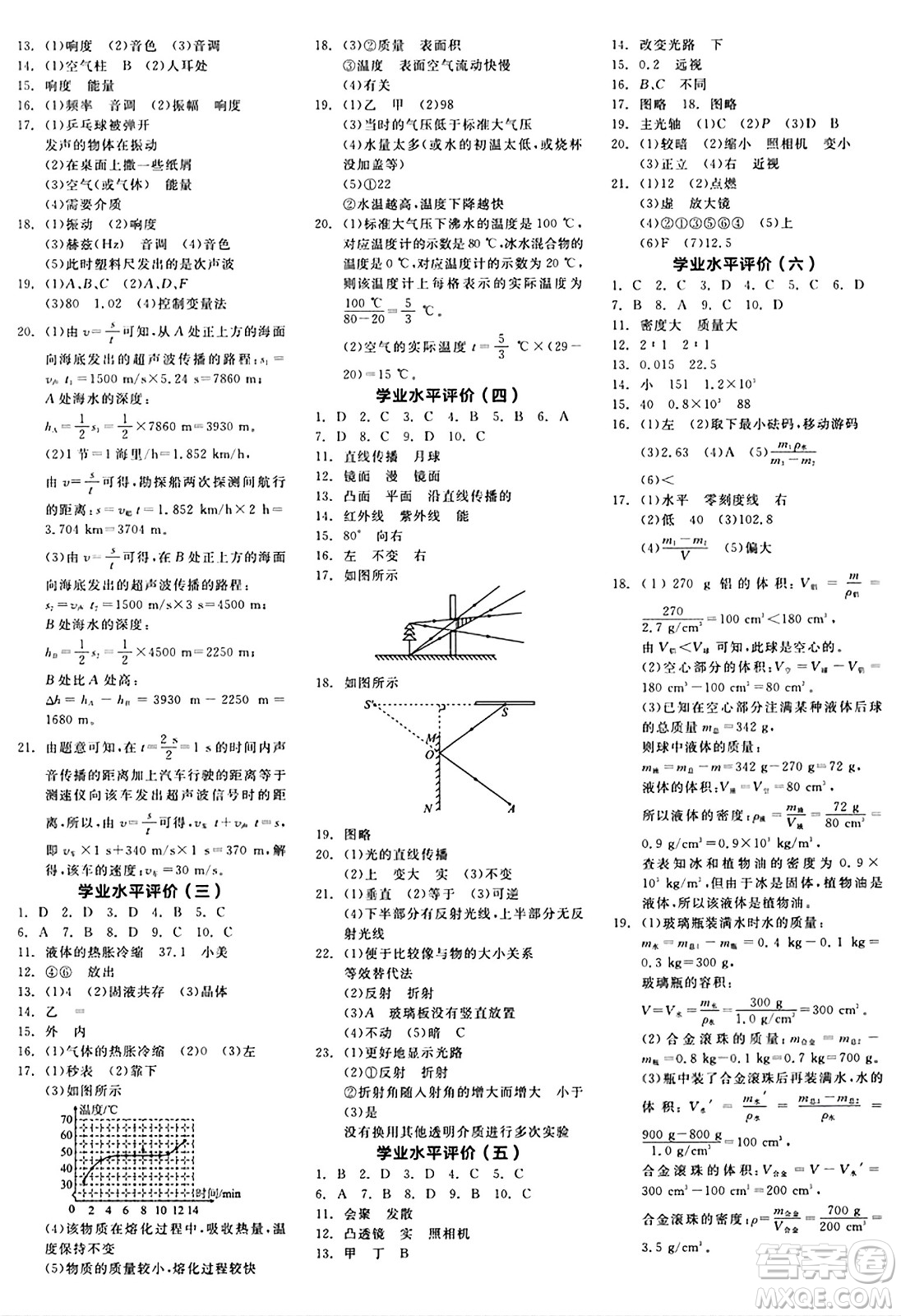 陽光出版社2024秋全品作業(yè)本八年級物理上冊人教版答案