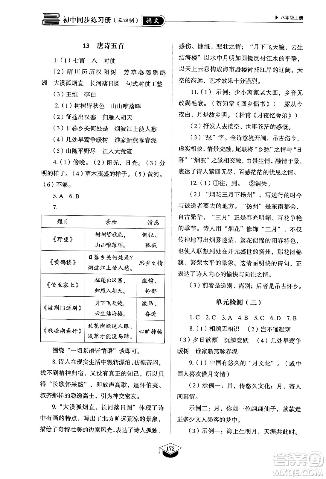 山東教育出版社2024秋初中同步練習(xí)冊(cè)八年級(jí)語文上冊(cè)人教版山東專版五四制答案