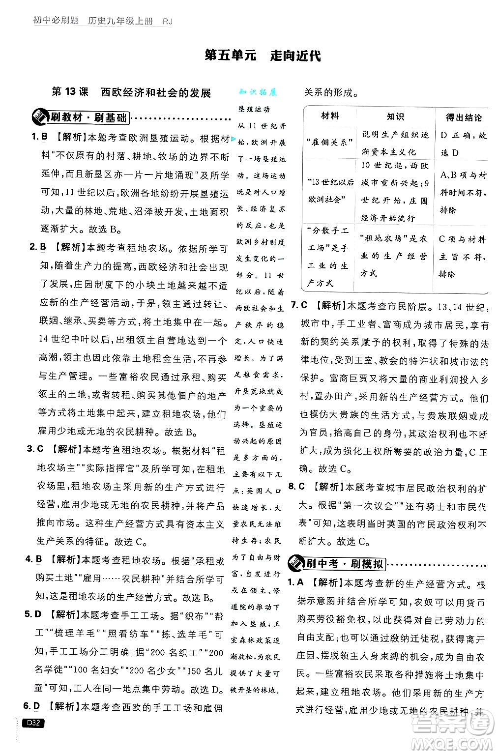 開明出版社2025屆初中必刷題拔尖提優(yōu)訓(xùn)練九年級歷史上冊人教版答案