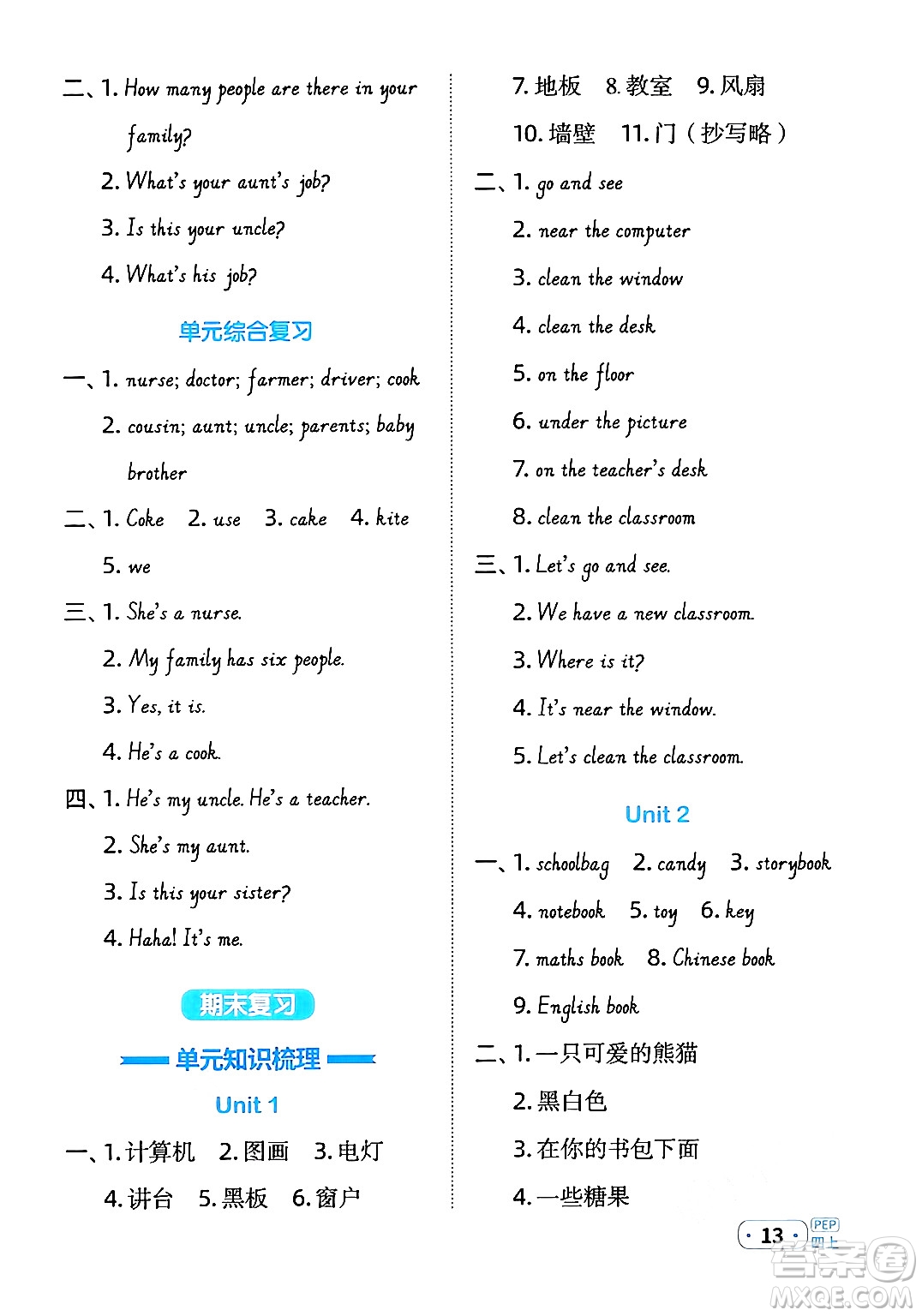 江西教育出版社2024年秋陽光同學(xué)默寫小達(dá)人四年級英語上冊人教PEP版答案