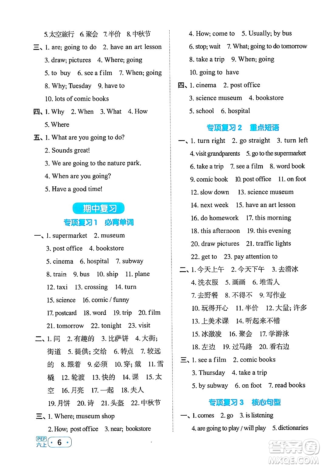 江西教育出版社2024年秋陽(yáng)光同學(xué)默寫(xiě)小達(dá)人六年級(jí)英語(yǔ)上冊(cè)人教PEP版答案