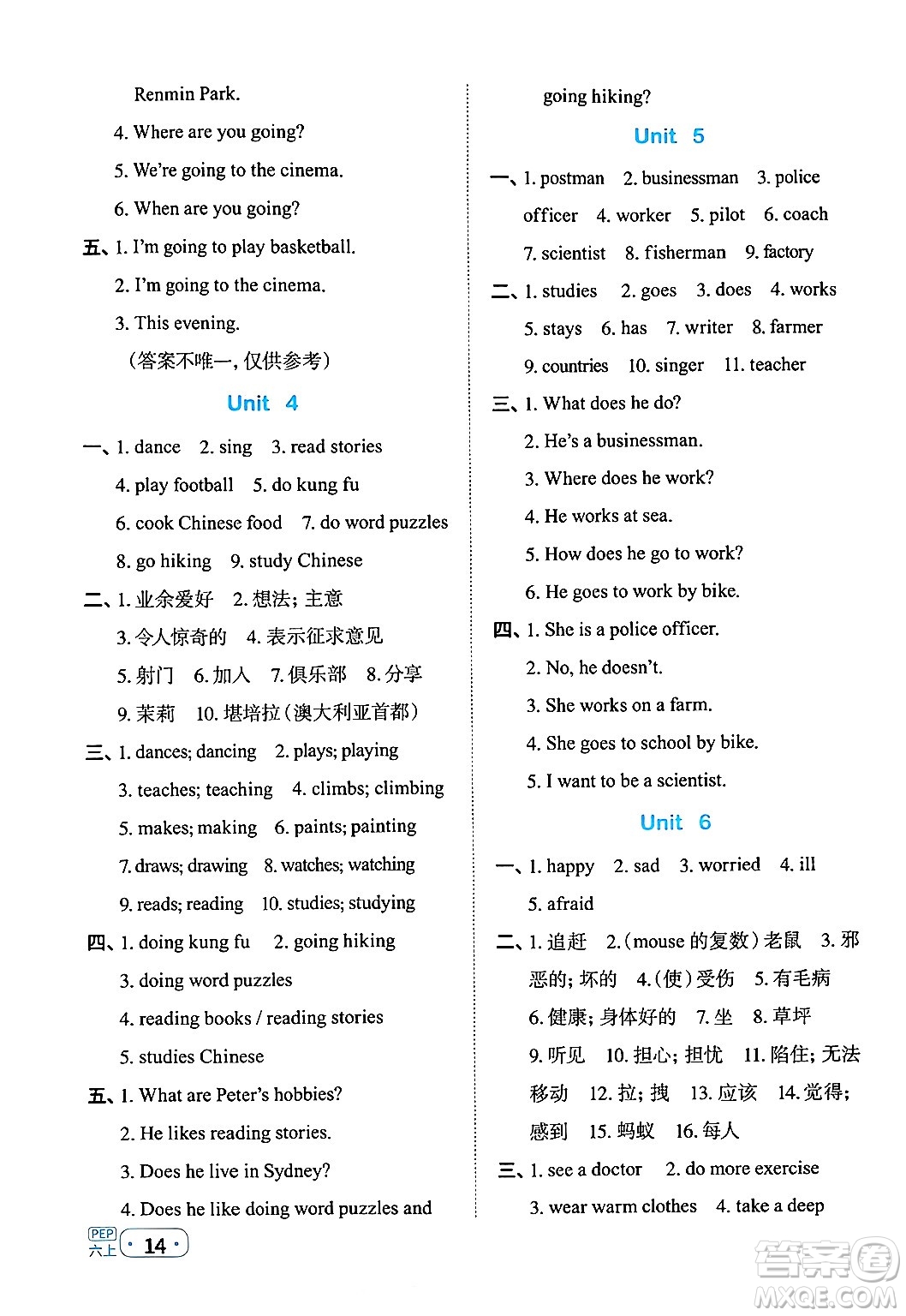 江西教育出版社2024年秋陽(yáng)光同學(xué)默寫(xiě)小達(dá)人六年級(jí)英語(yǔ)上冊(cè)人教PEP版答案