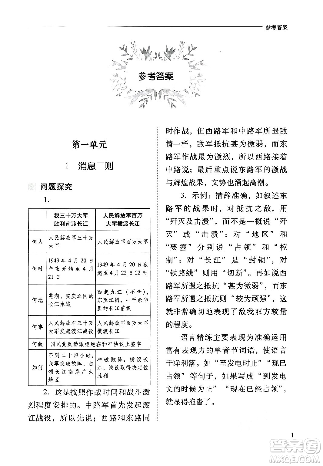 山西教育出版社2024年秋新課程問題解決導(dǎo)學(xué)方案八年級語文上冊人教版答案