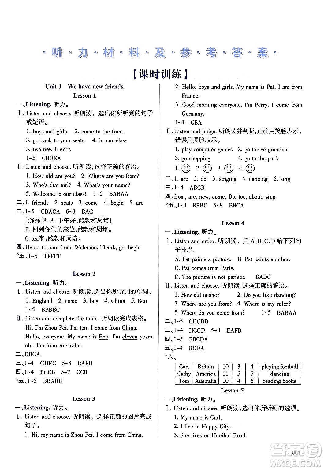 天津教育出版社2024年秋學(xué)習(xí)質(zhì)量監(jiān)測(cè)五年級(jí)英語(yǔ)上冊(cè)人教版答案