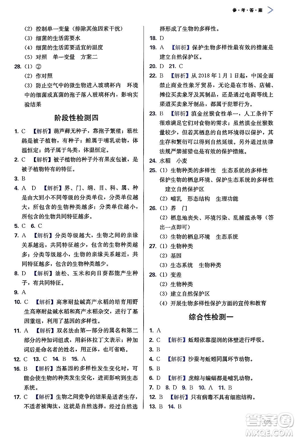 天津教育出版社2024年秋學(xué)習(xí)質(zhì)量監(jiān)測(cè)八年級(jí)生物上冊(cè)人教版答案