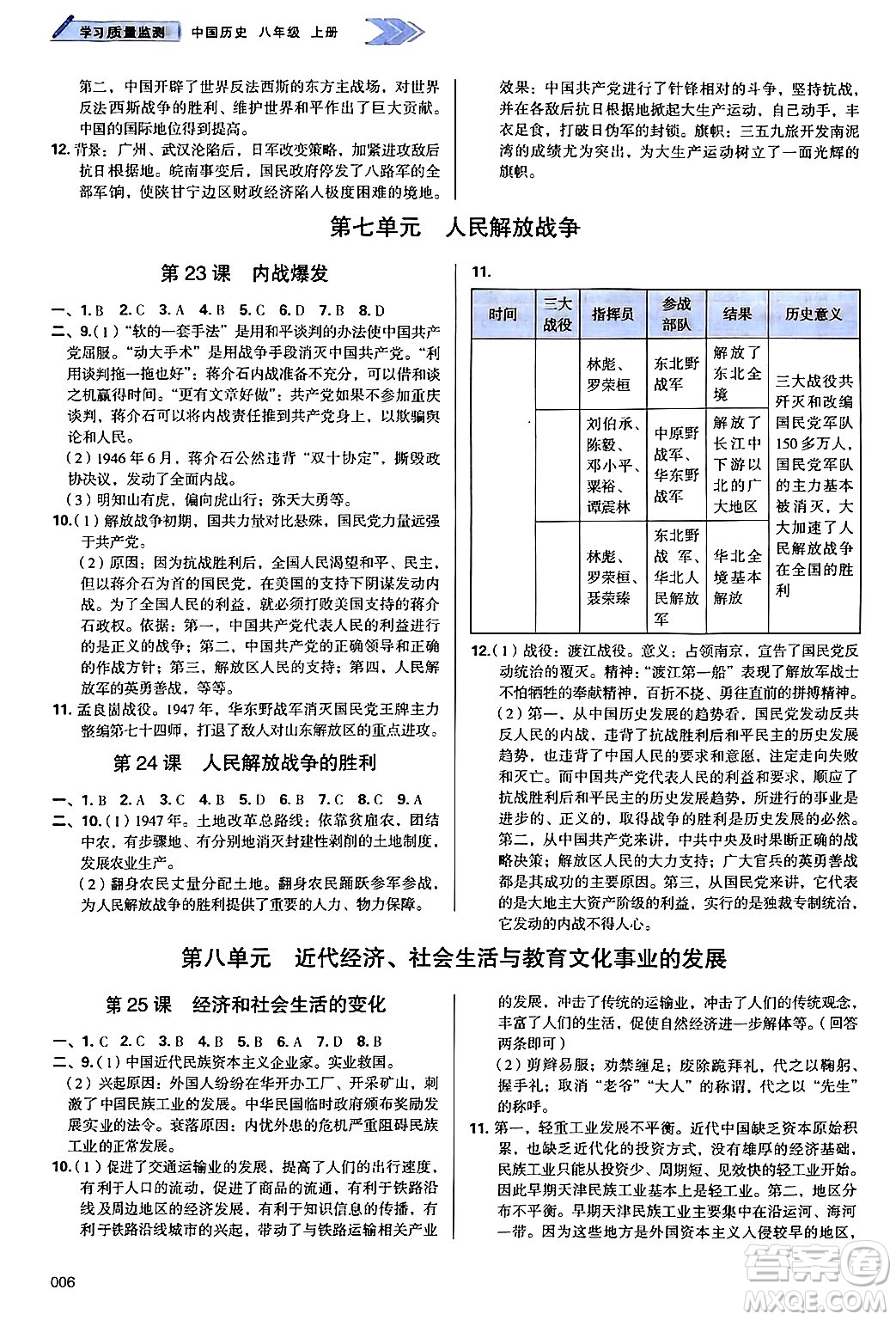 天津教育出版社2024年秋學(xué)習(xí)質(zhì)量監(jiān)測(cè)八年級(jí)歷史上冊(cè)人教版答案