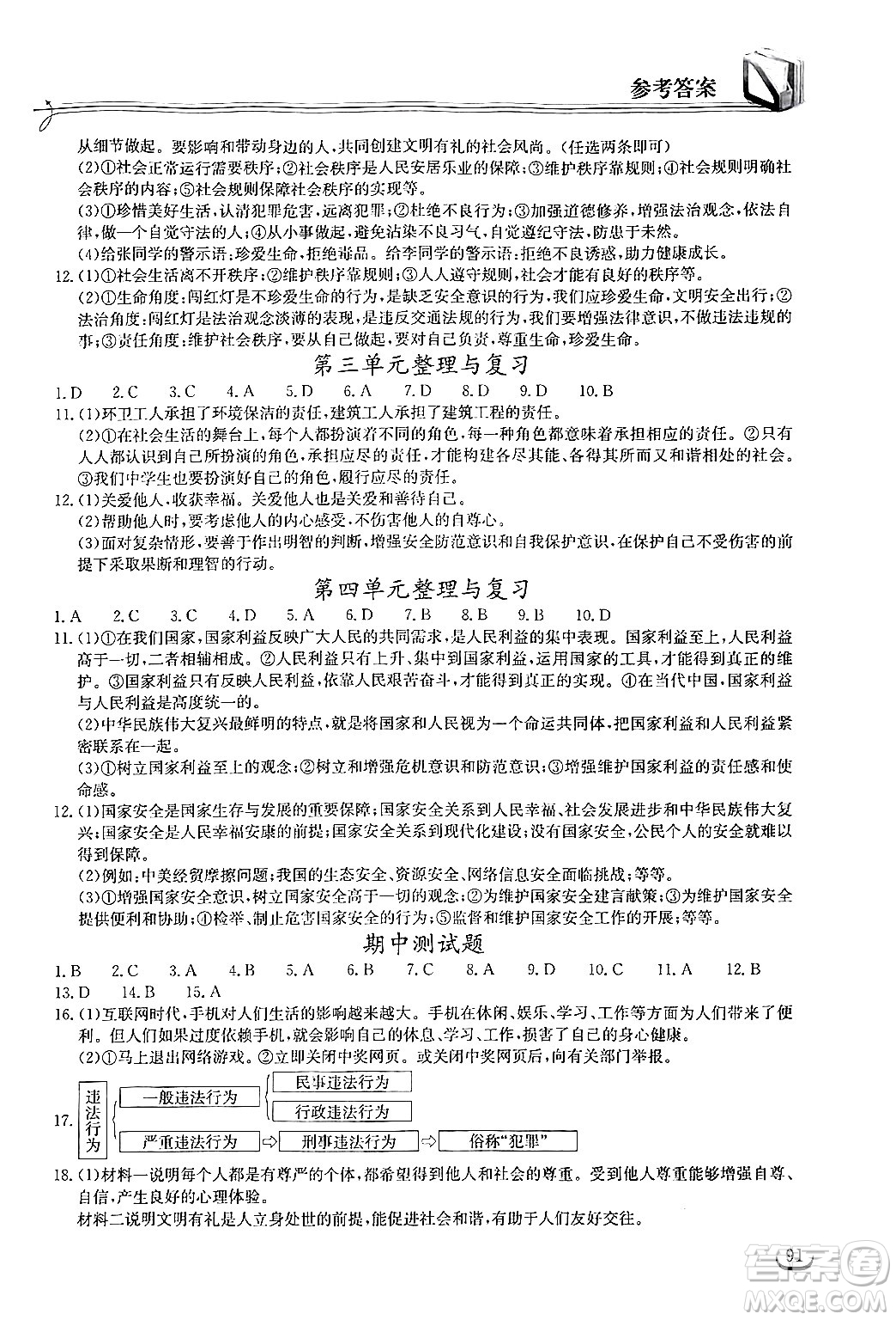 湖北教育出版社2024年秋長江作業(yè)本同步練習冊八年級道德與法治上冊人教版答案