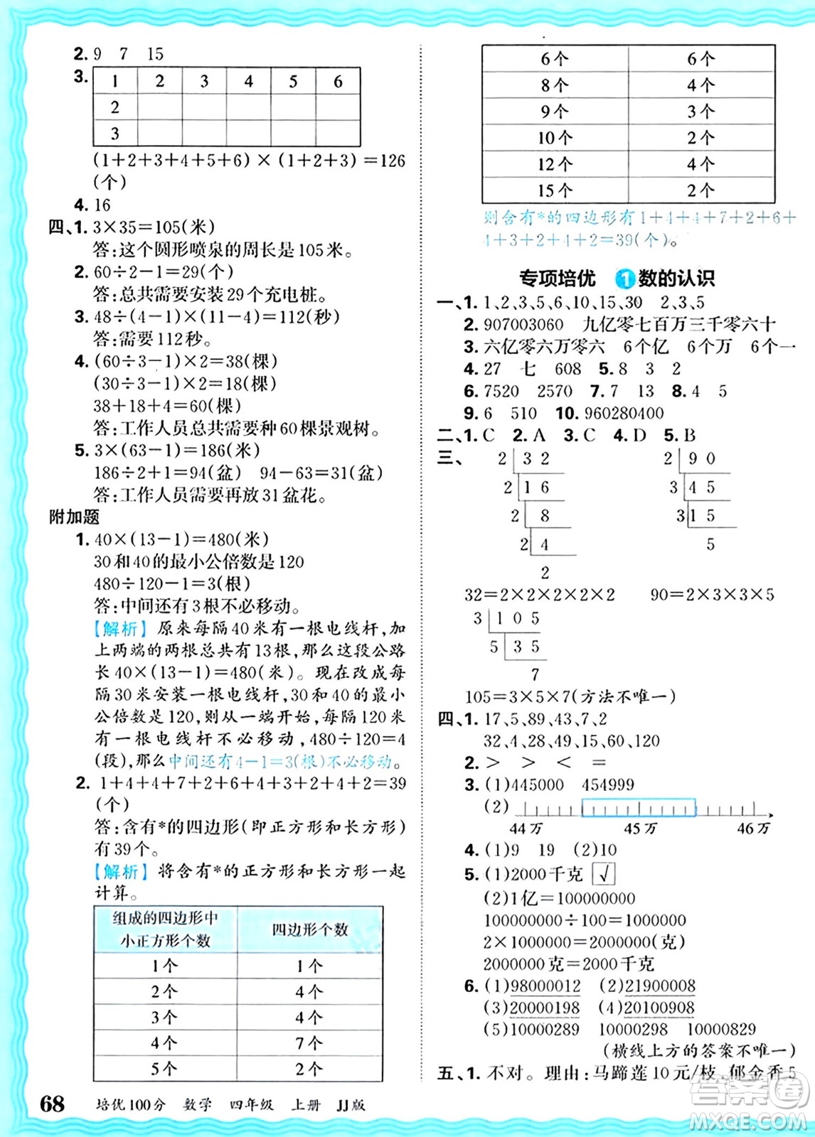 江西人民出版社2024年秋王朝霞培優(yōu)100分四年級數(shù)學(xué)上冊冀教版答案