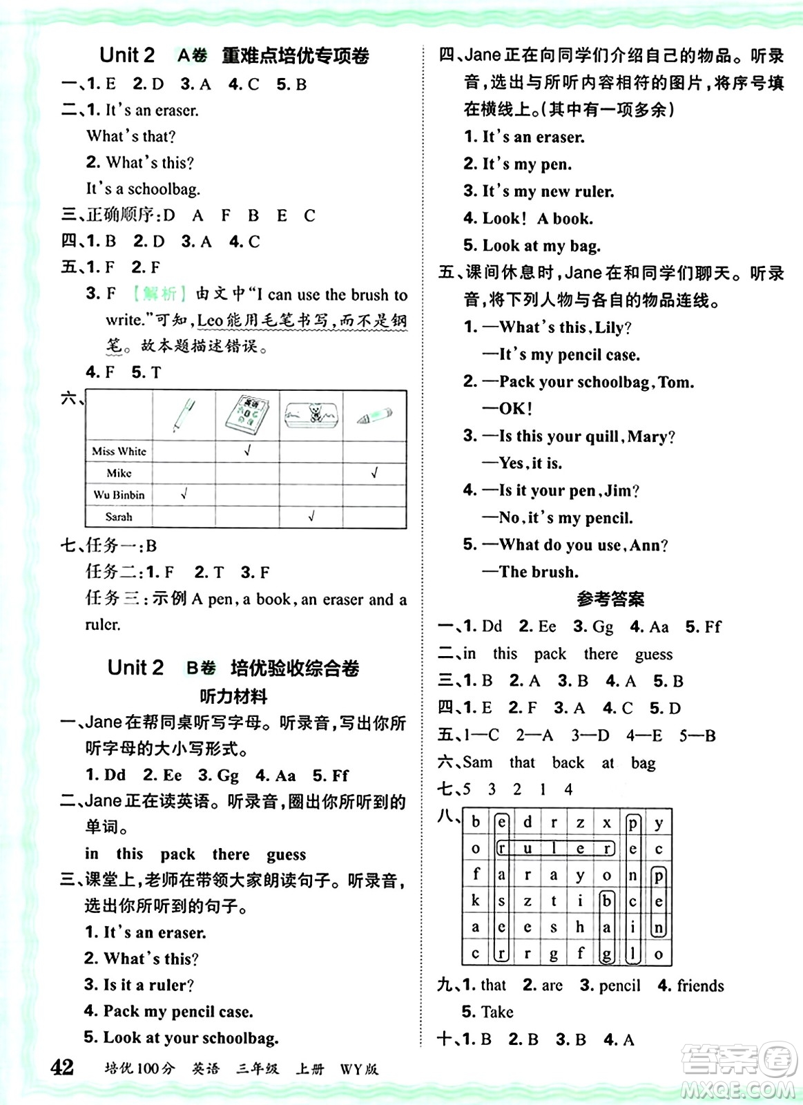 江西人民出版社2024年秋王朝霞培優(yōu)100分三年級(jí)英語上冊外研版答案