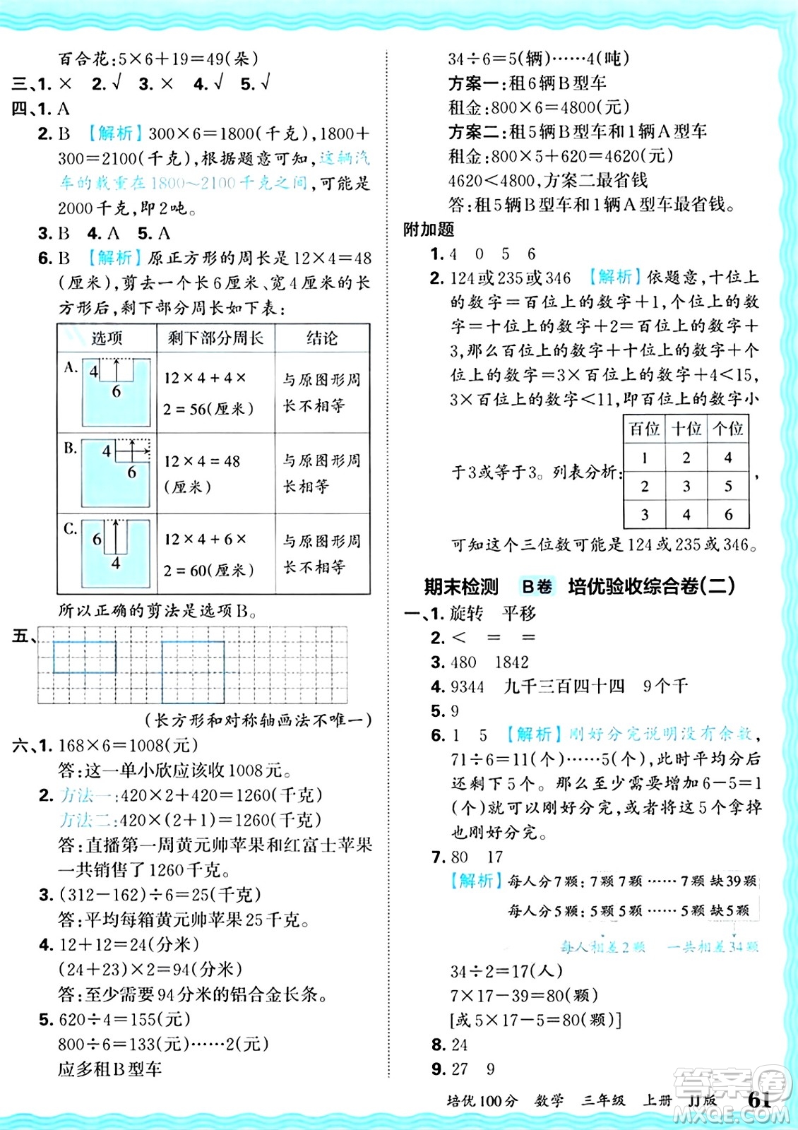 江西人民出版社2024年秋王朝霞培優(yōu)100分三年級數(shù)學(xué)上冊冀教版答案