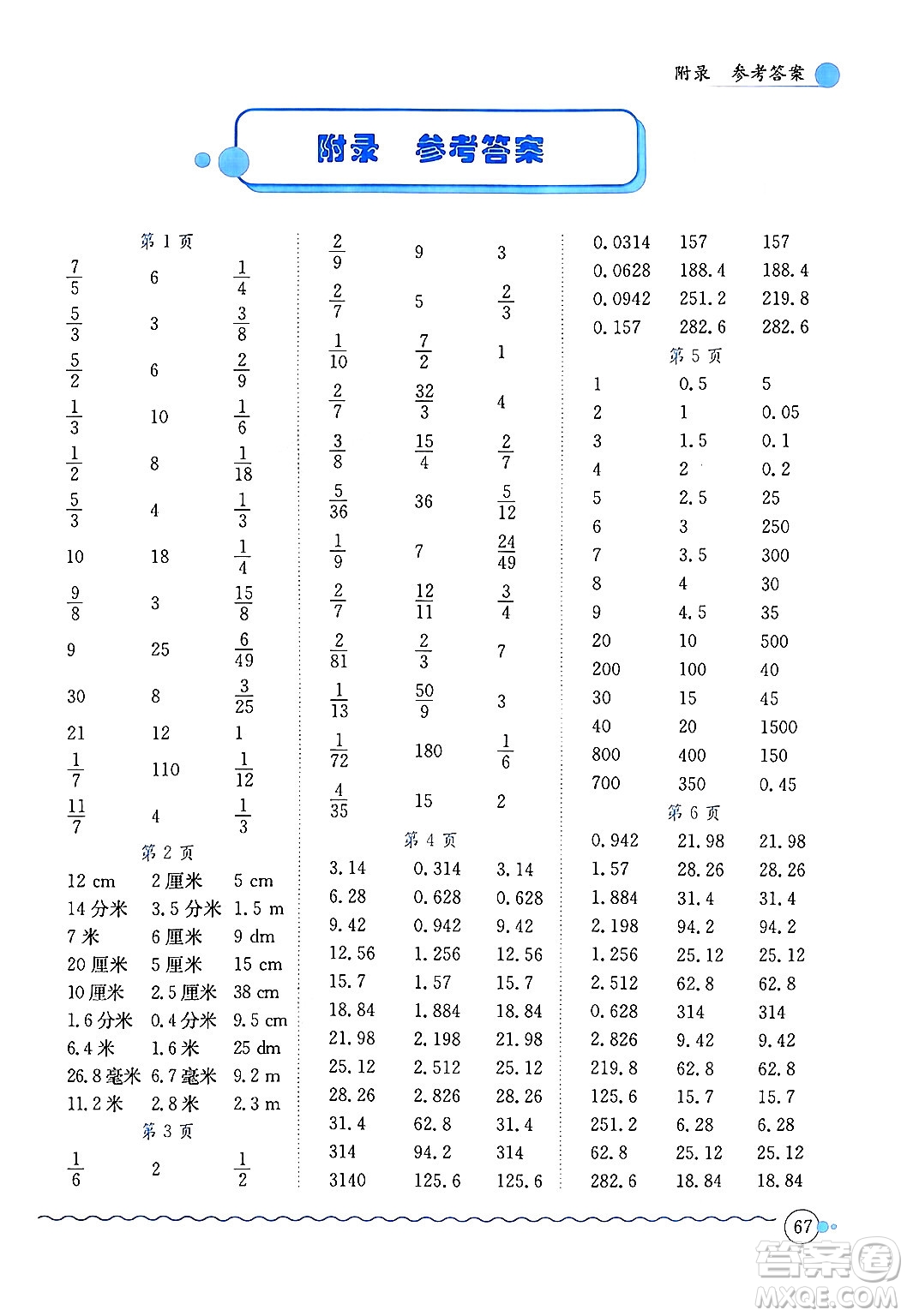 龍門書局2024年秋黃岡小狀元口算速算練習冊六年級數(shù)學上冊北師大版答案