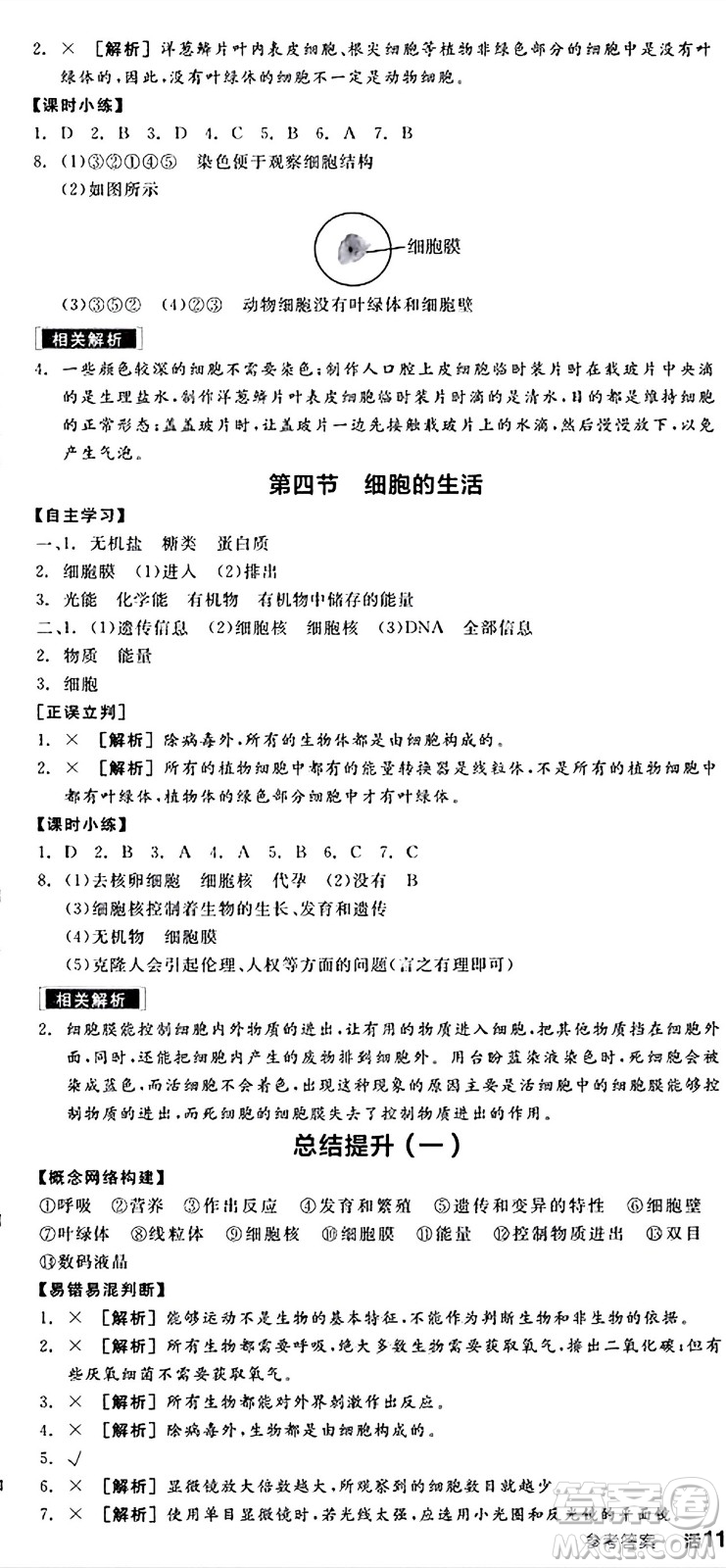 陽光出版社2024年秋全品學練考七年級生物上冊人教版答案
