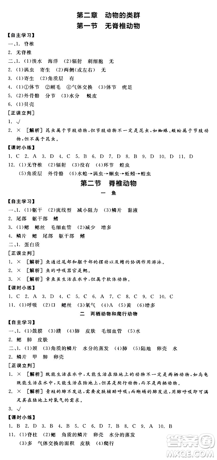 陽光出版社2024年秋全品學練考七年級生物上冊人教版答案