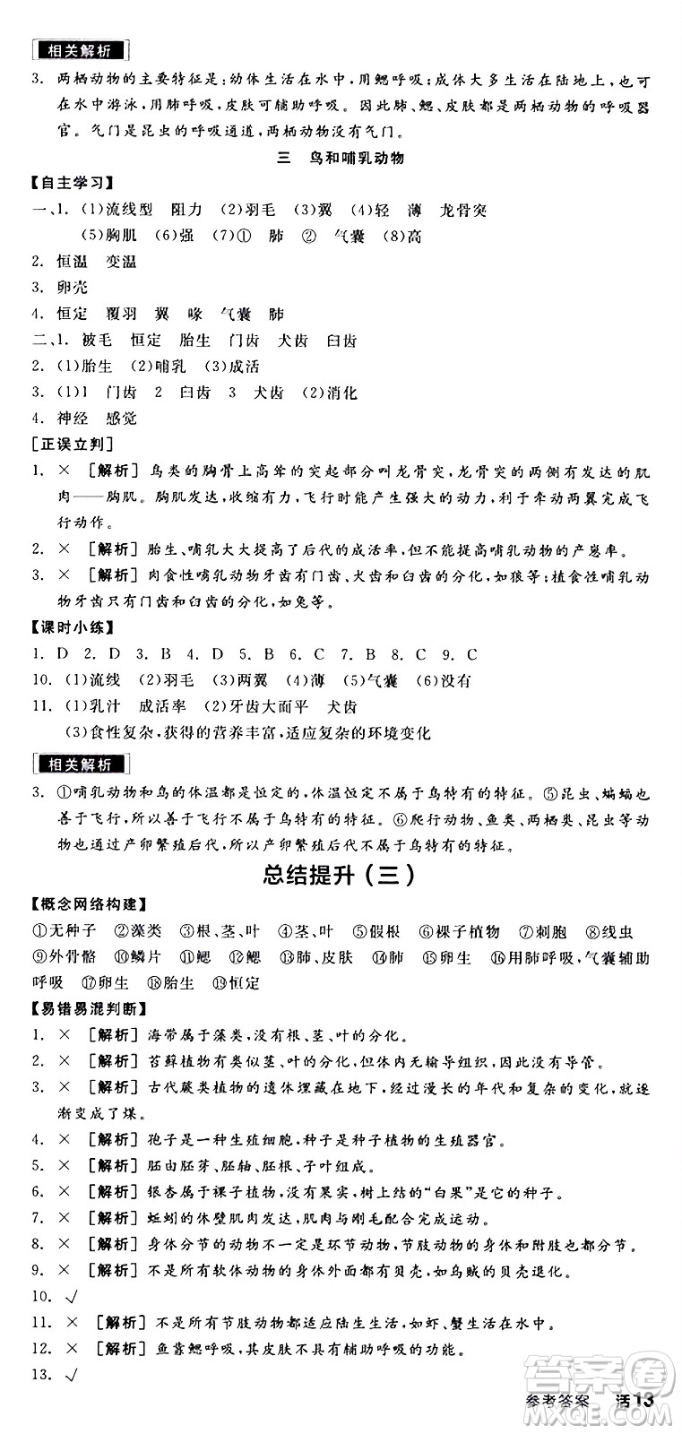 陽光出版社2024年秋全品學練考七年級生物上冊人教版答案