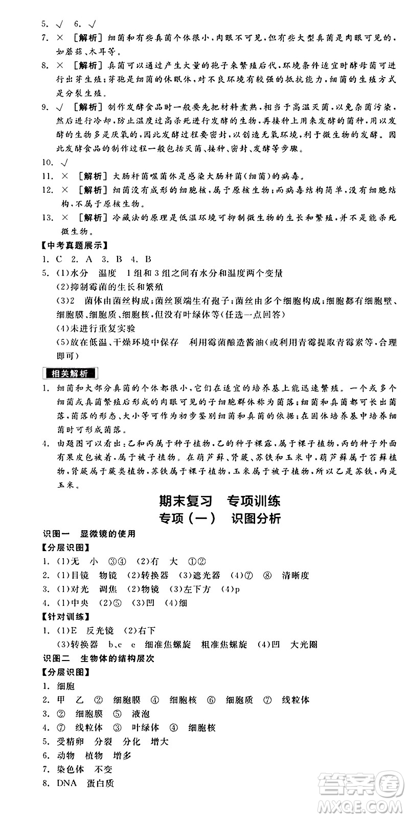 陽光出版社2024年秋全品學練考七年級生物上冊人教版答案
