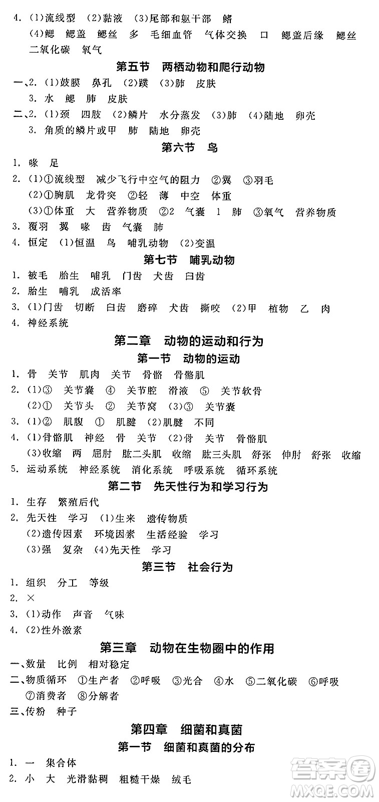陽光出版社2024年秋全品學(xué)練考八年級生物上冊人教版答案