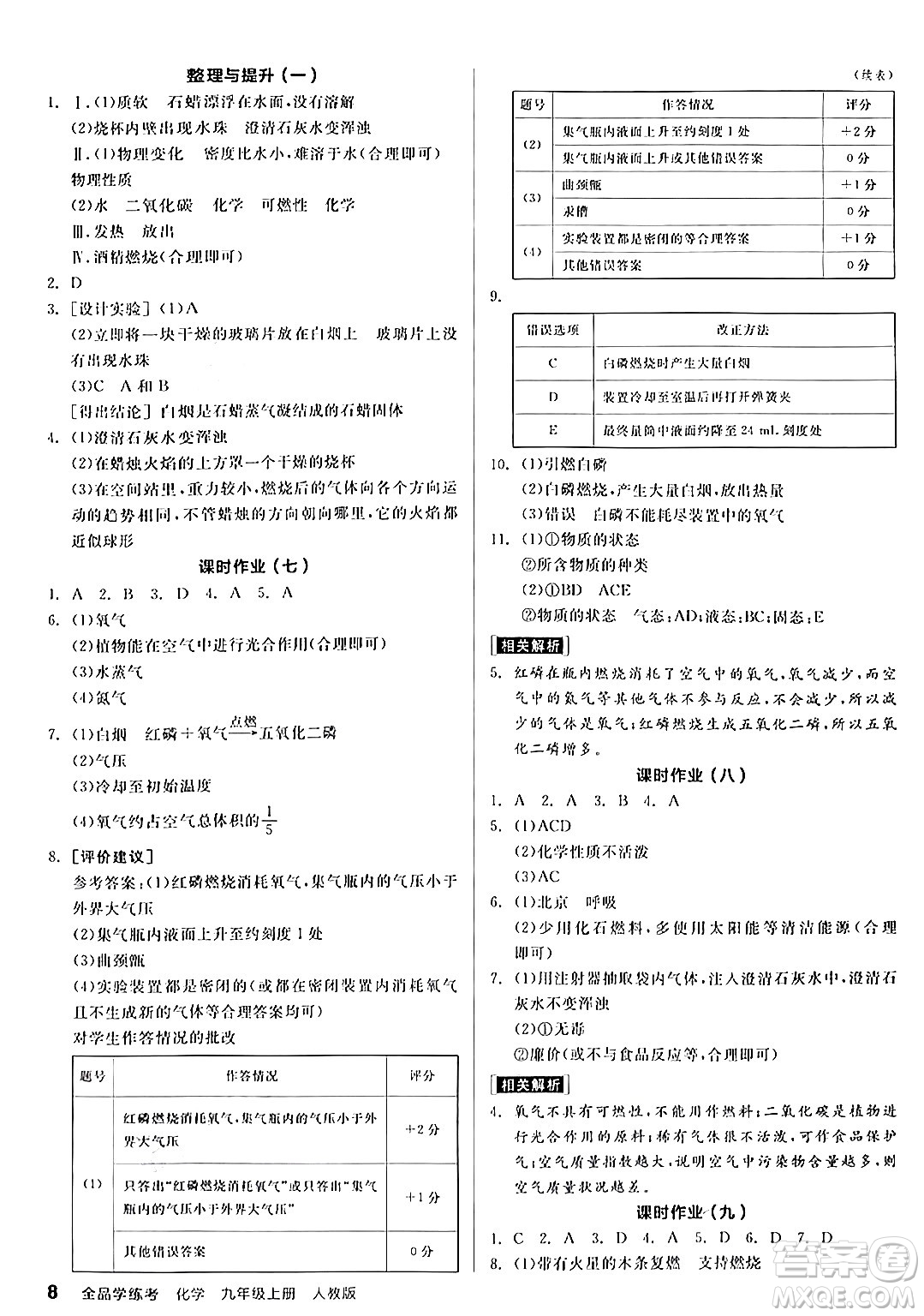 陽光出版社2024年秋全品學(xué)練考九年級化學(xué)上冊人教版答案