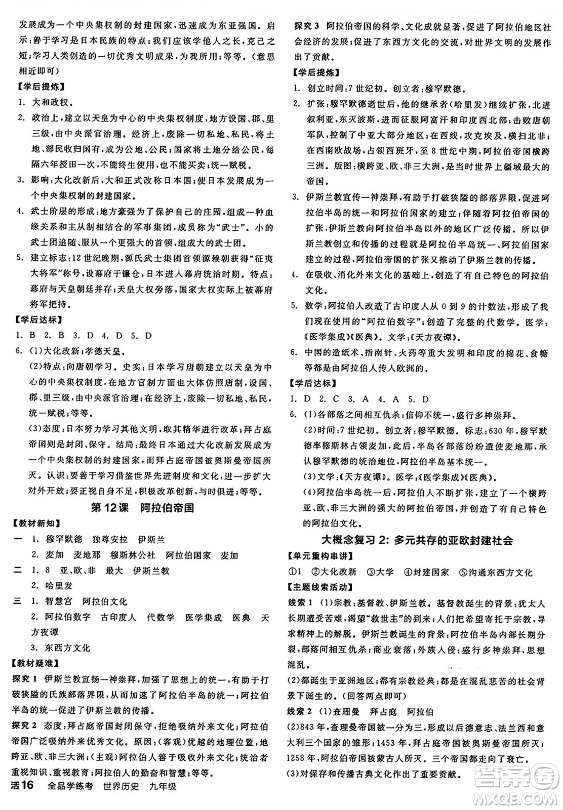 沈陽(yáng)出版社2024年秋全品學(xué)練考九年級(jí)世界歷史上冊(cè)通用版答案