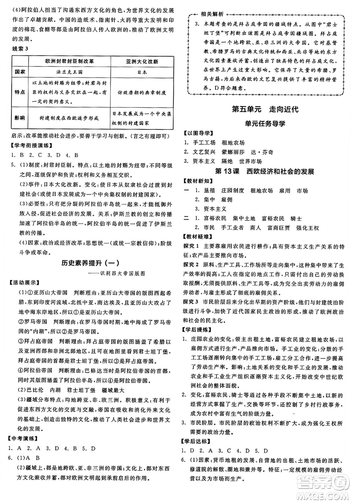 沈陽(yáng)出版社2024年秋全品學(xué)練考九年級(jí)世界歷史上冊(cè)通用版答案