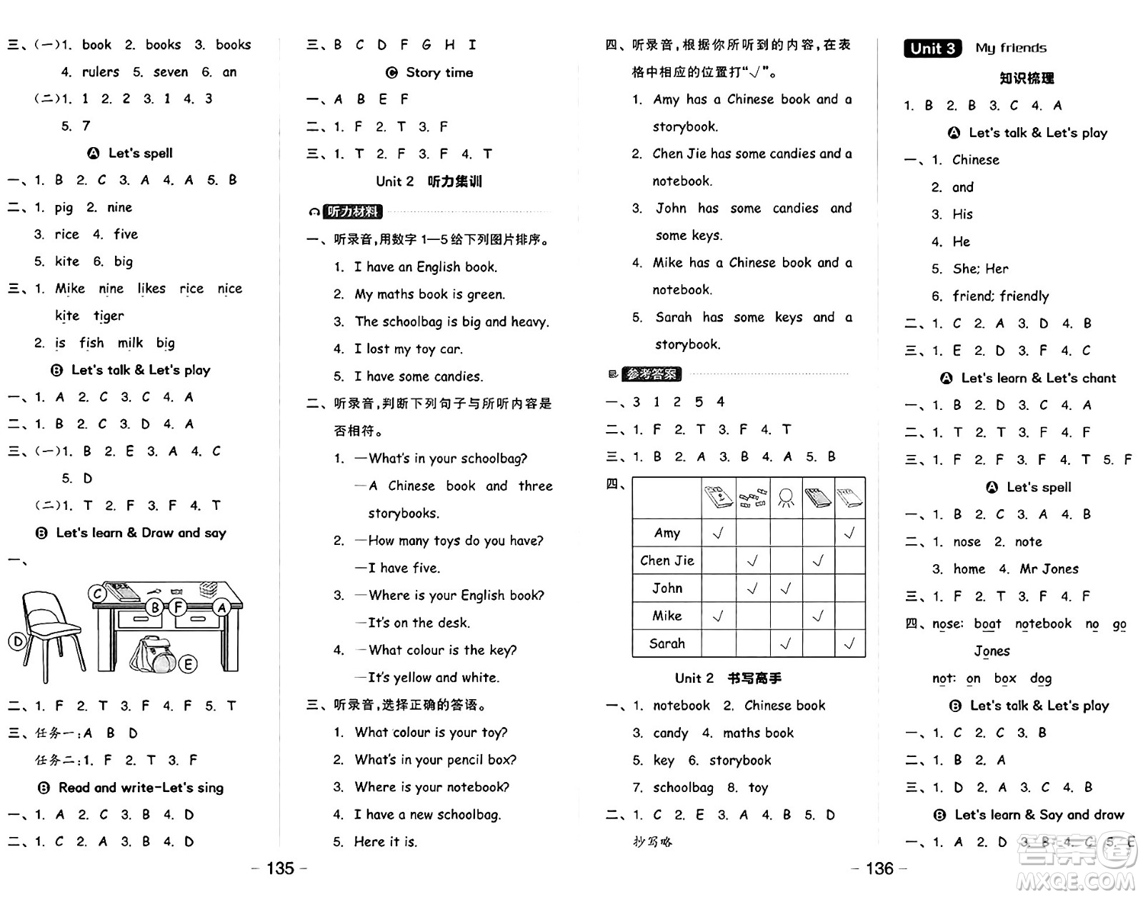 開明出版社2024年秋全品學(xué)練考四年級英語上冊人教PEP版三起點答案