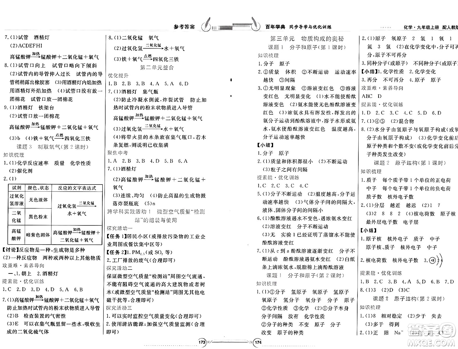 人民教育出版社2024年秋同步導(dǎo)學(xué)與優(yōu)化訓(xùn)練九年級化學(xué)上冊人教版答案