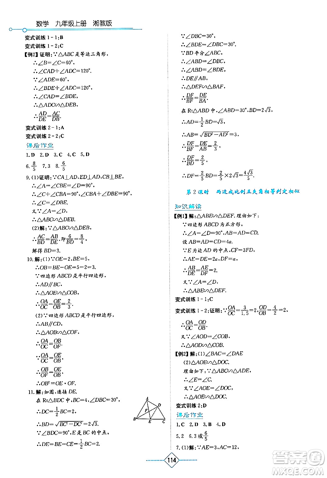 湖南教育出版社2024年秋學(xué)法大視野九年級數(shù)學(xué)上冊湘教版答案