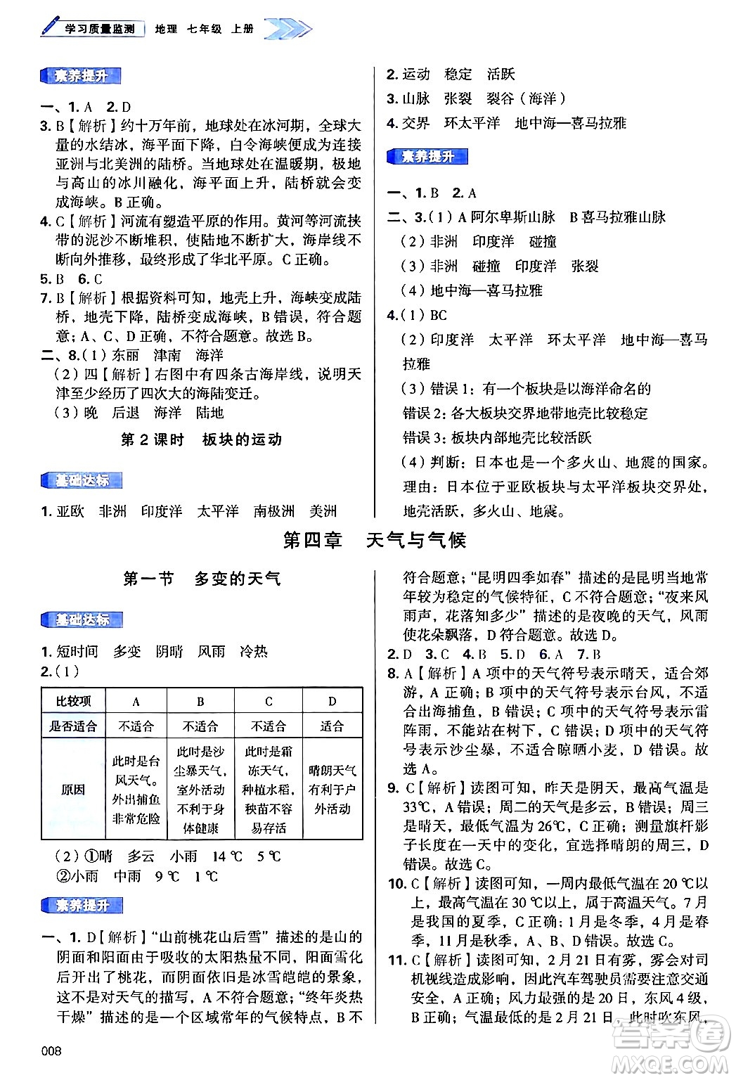 天津教育出版社2024年秋學習質量監(jiān)測七年級地理上冊人教版答案