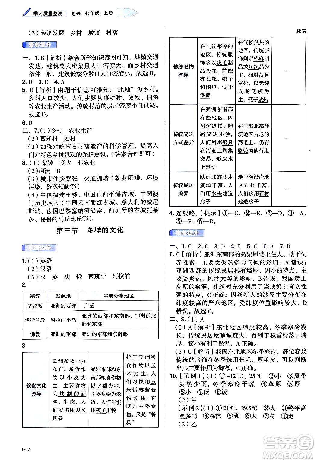 天津教育出版社2024年秋學習質量監(jiān)測七年級地理上冊人教版答案