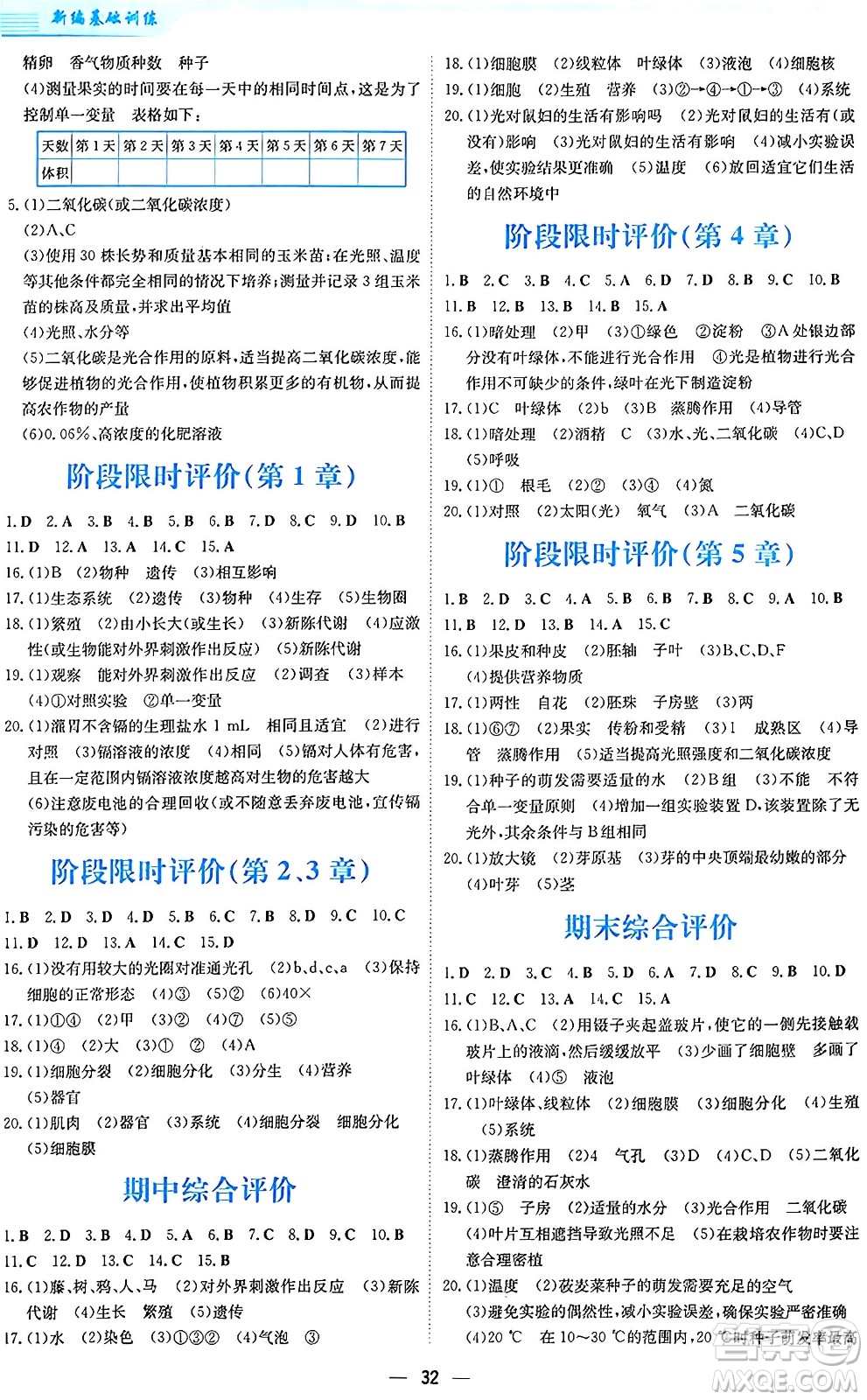 安徽教育出版社2024年秋新編基礎(chǔ)訓(xùn)練七年級生物學(xué)上冊北師大版答案
