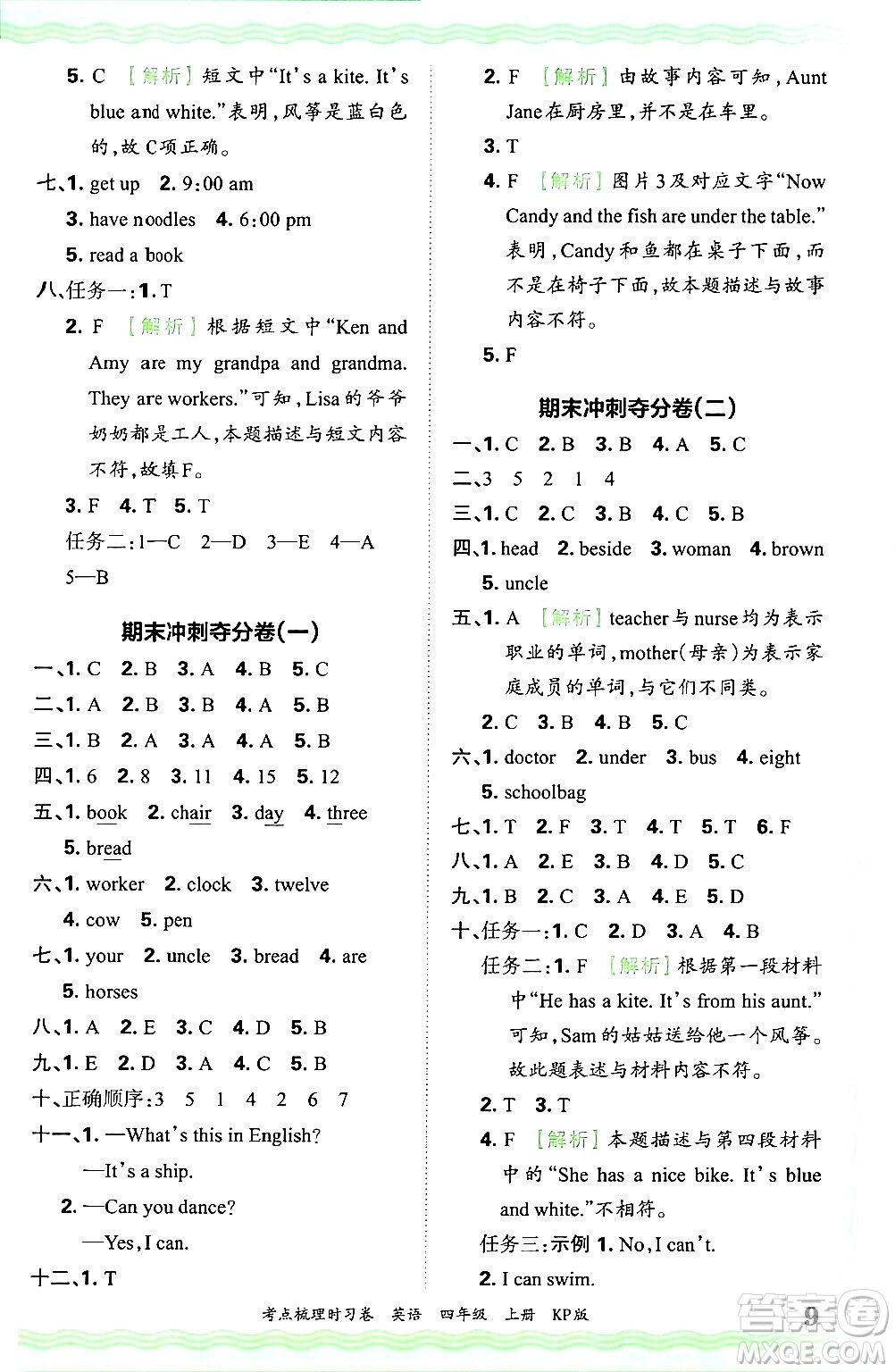 江西人民出版社2024年秋王朝霞考點(diǎn)梳理時習(xí)卷四年級英語上冊科普版答案