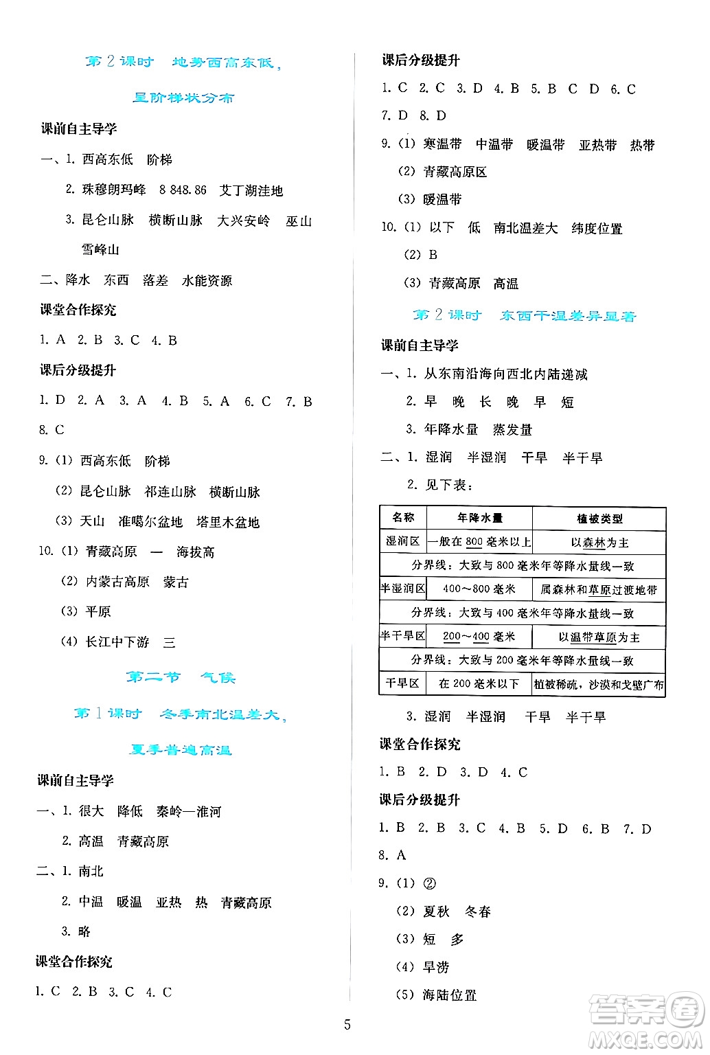 人民教育出版社2024年秋同步輕松練習八年級地理上冊人教版答案