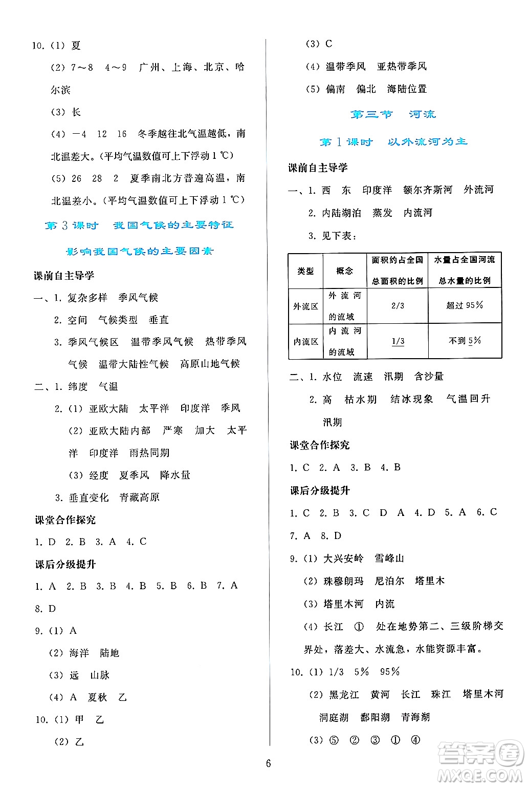 人民教育出版社2024年秋同步輕松練習八年級地理上冊人教版答案