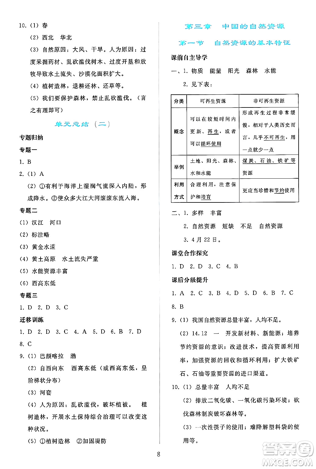 人民教育出版社2024年秋同步輕松練習八年級地理上冊人教版答案