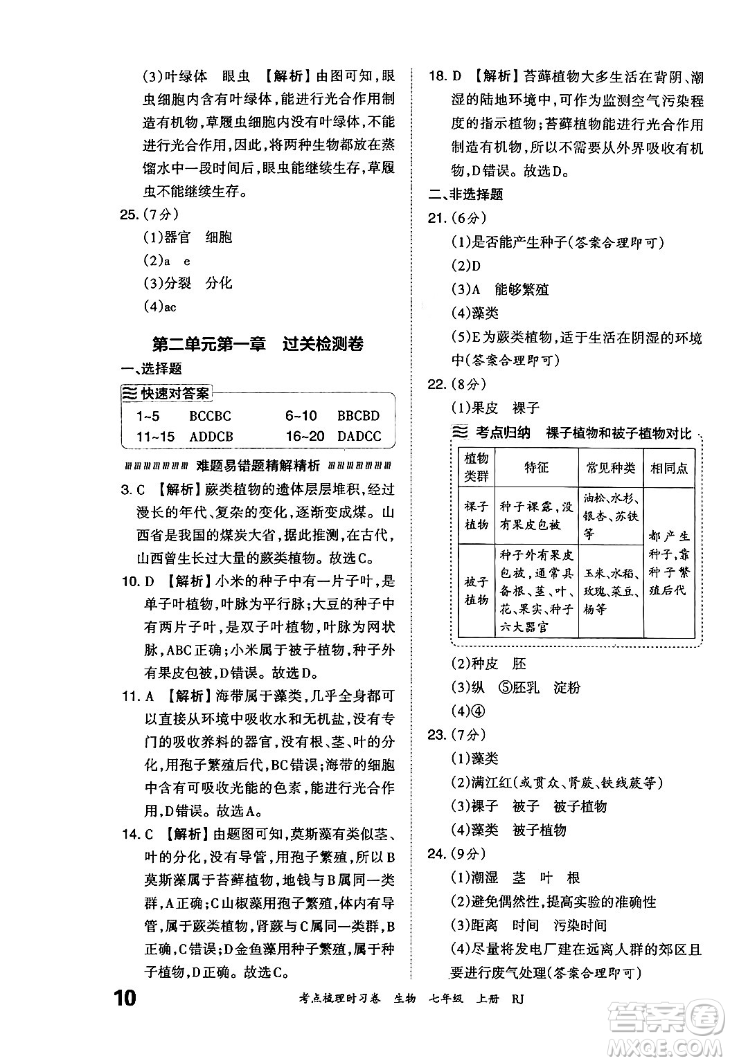 江西人民出版社2024年秋王朝霞考點(diǎn)梳理時(shí)習(xí)卷七年級生物上冊人教版答案