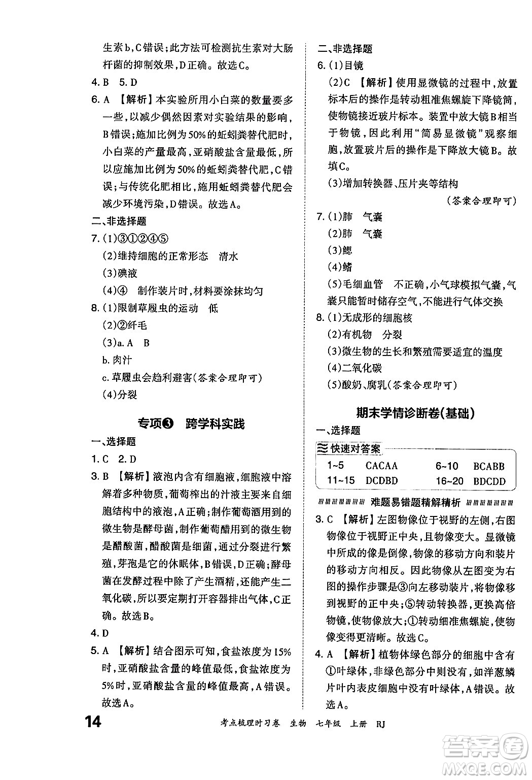 江西人民出版社2024年秋王朝霞考點(diǎn)梳理時(shí)習(xí)卷七年級生物上冊人教版答案