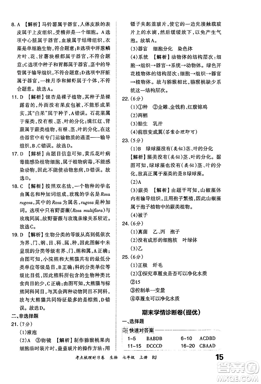 江西人民出版社2024年秋王朝霞考點(diǎn)梳理時(shí)習(xí)卷七年級生物上冊人教版答案