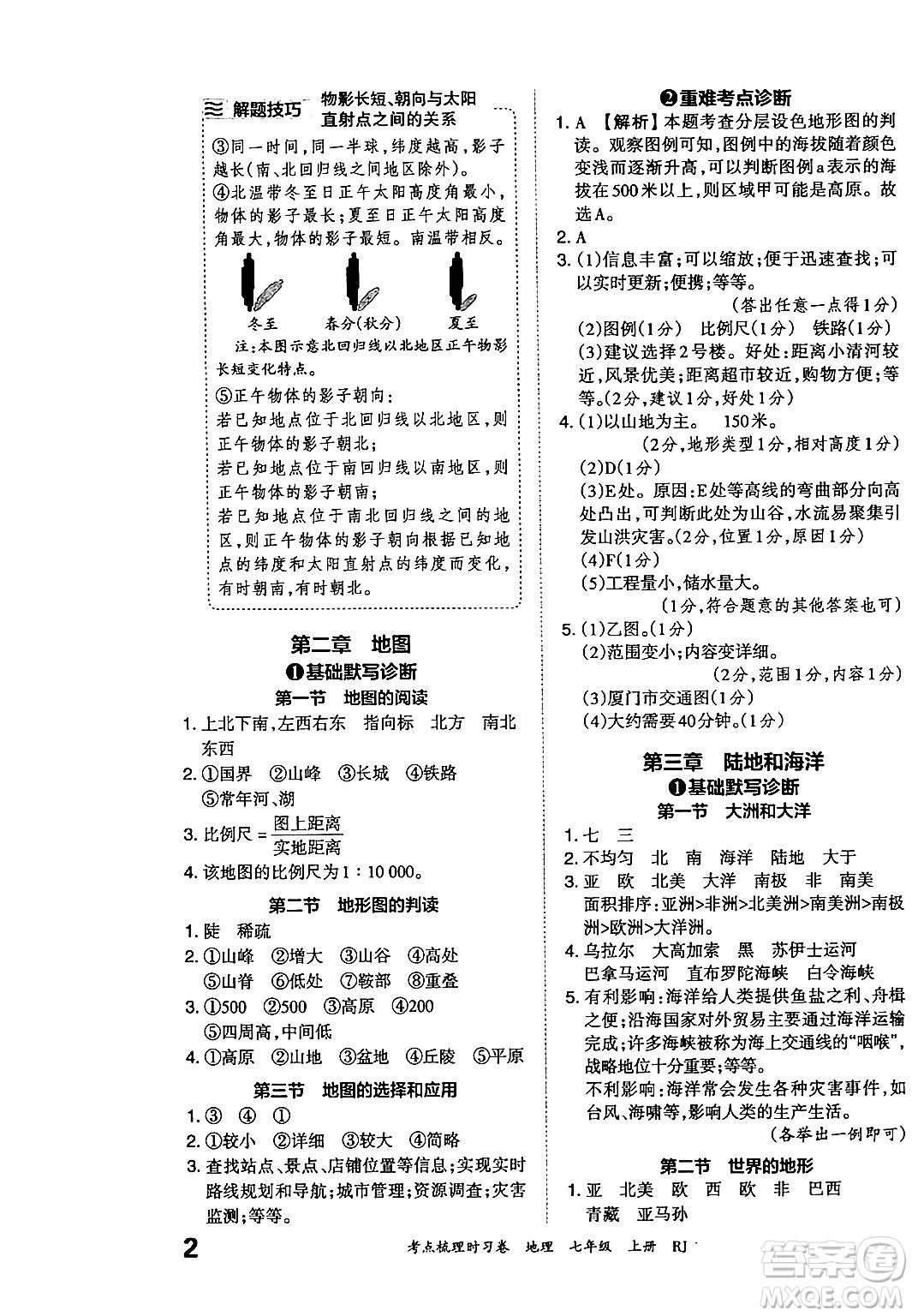 江西人民出版社2024年秋王朝霞考點梳理時習(xí)卷七年級地理上冊人教版答案