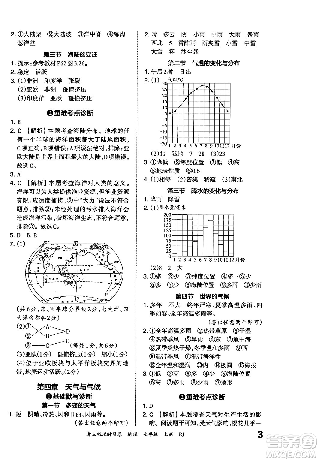 江西人民出版社2024年秋王朝霞考點梳理時習(xí)卷七年級地理上冊人教版答案