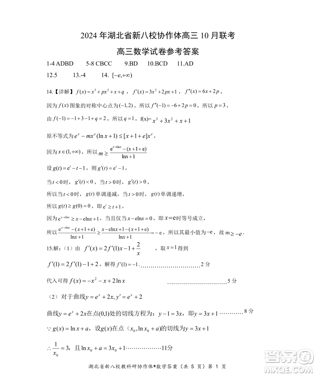 2025屆湖北新八校協(xié)作體高三10月聯(lián)考數(shù)學試卷答案