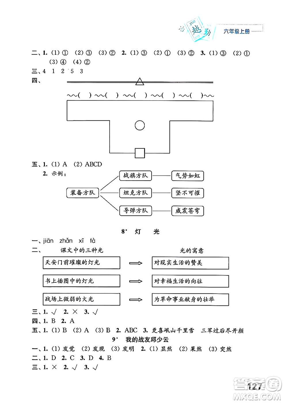 江蘇鳳凰教育出版社年秋練習與測試小學語文六年級語文上冊人教版答案