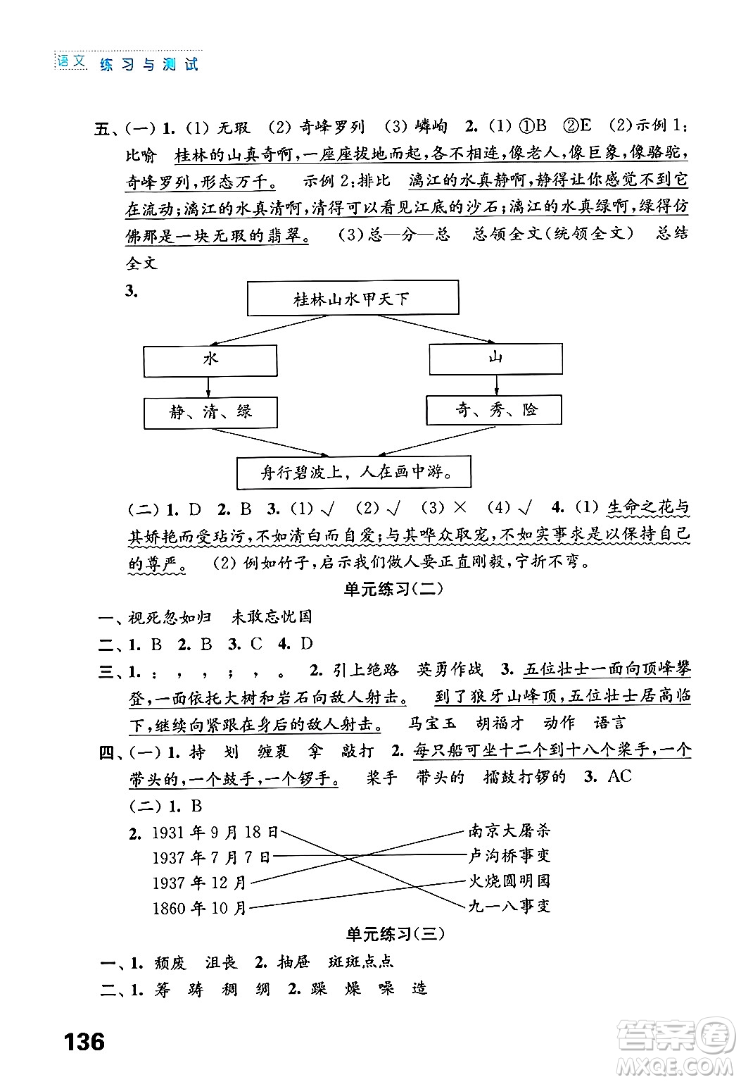 江蘇鳳凰教育出版社年秋練習與測試小學語文六年級語文上冊人教版答案