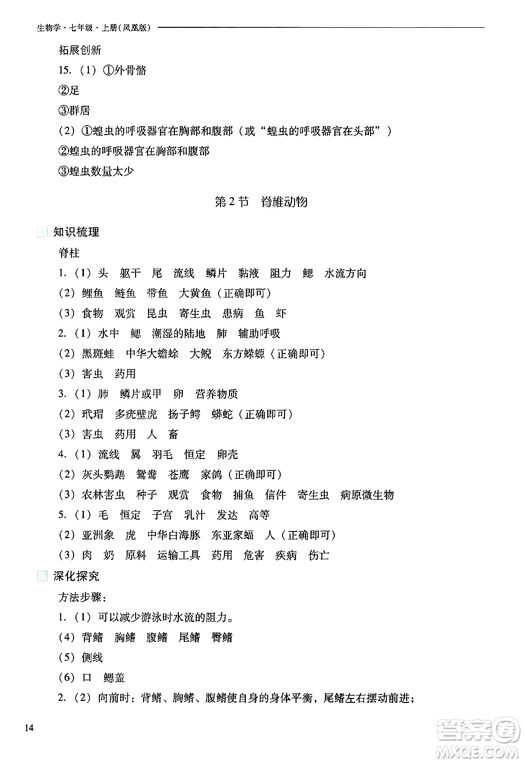 山西教育出版社2024年秋新課程問題解決導(dǎo)學(xué)方案七年級生物上冊鳳凰版答案