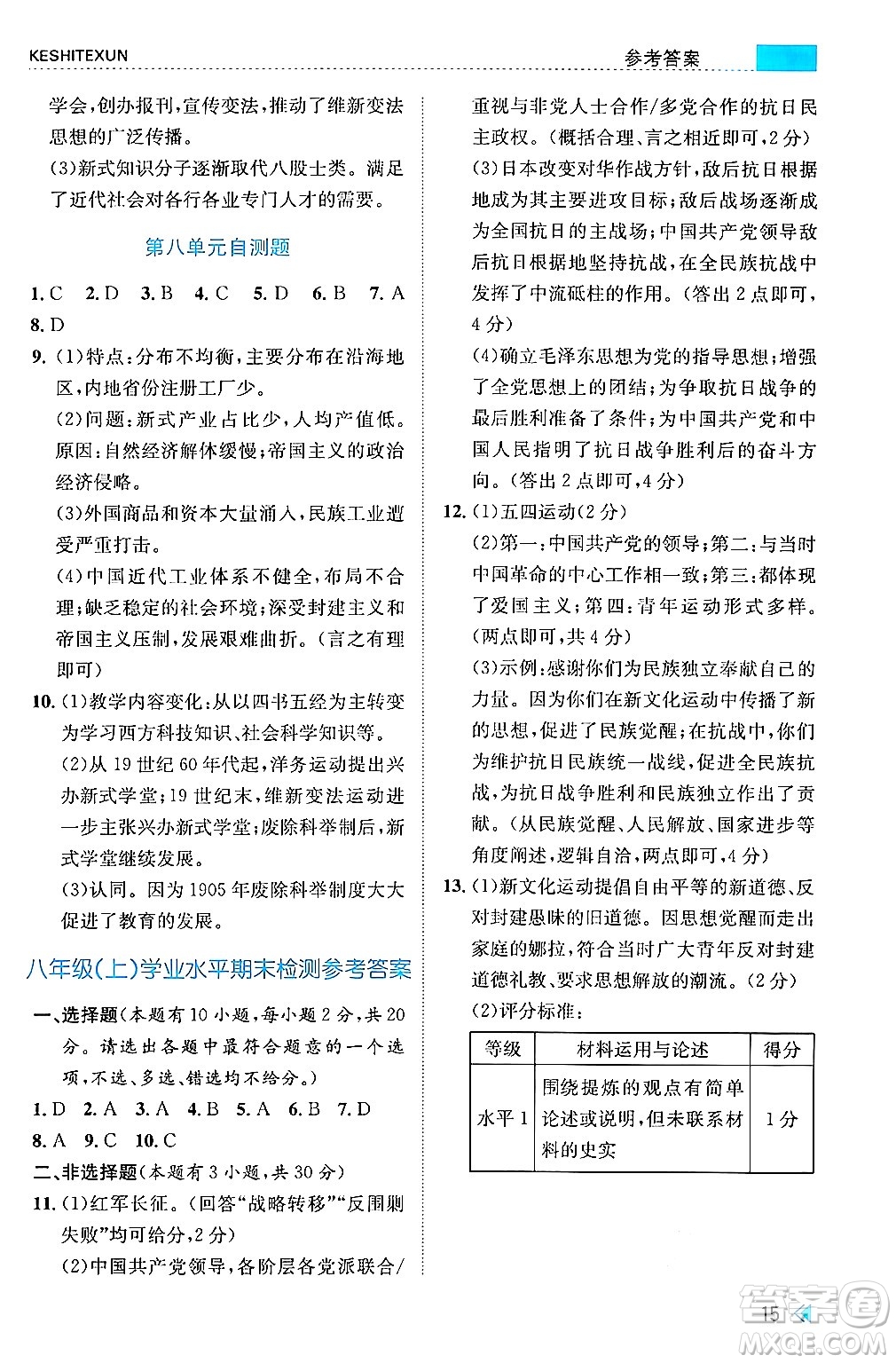 浙江人民出版社2024年秋課時(shí)特訓(xùn)八年級(jí)中國(guó)歷史上冊(cè)人教版答案