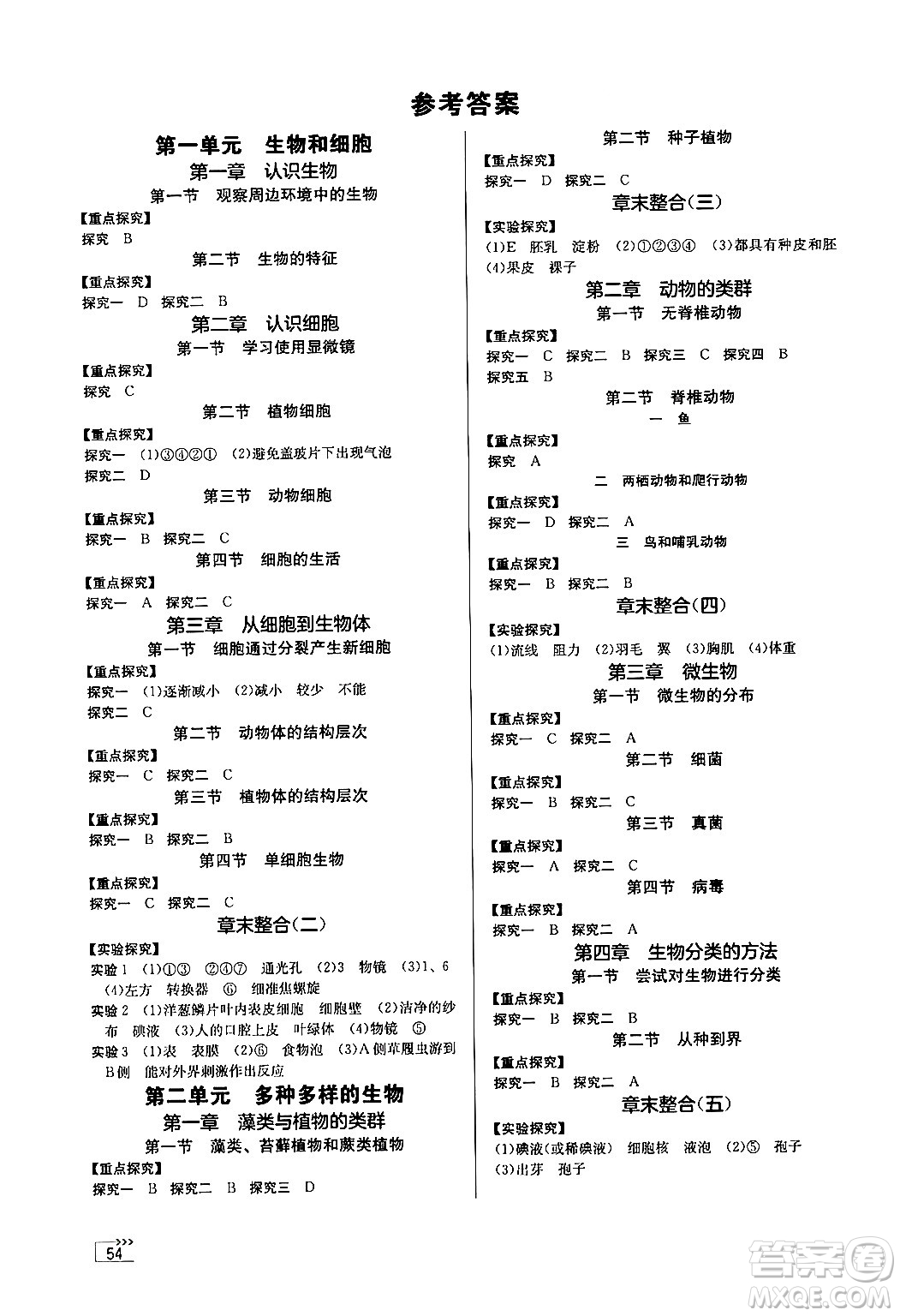 湖南教育出版社2024年秋學法大視野七年級生物上冊人教版長沙專版答案