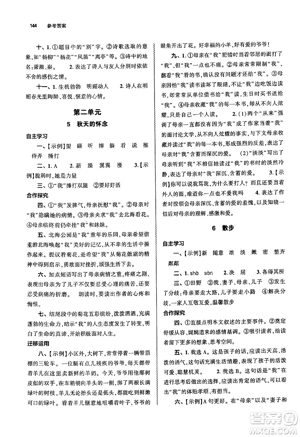 大象出版社2024秋初中同步練習(xí)冊(cè)七年級(jí)語文上冊(cè)人教版山東專版答案