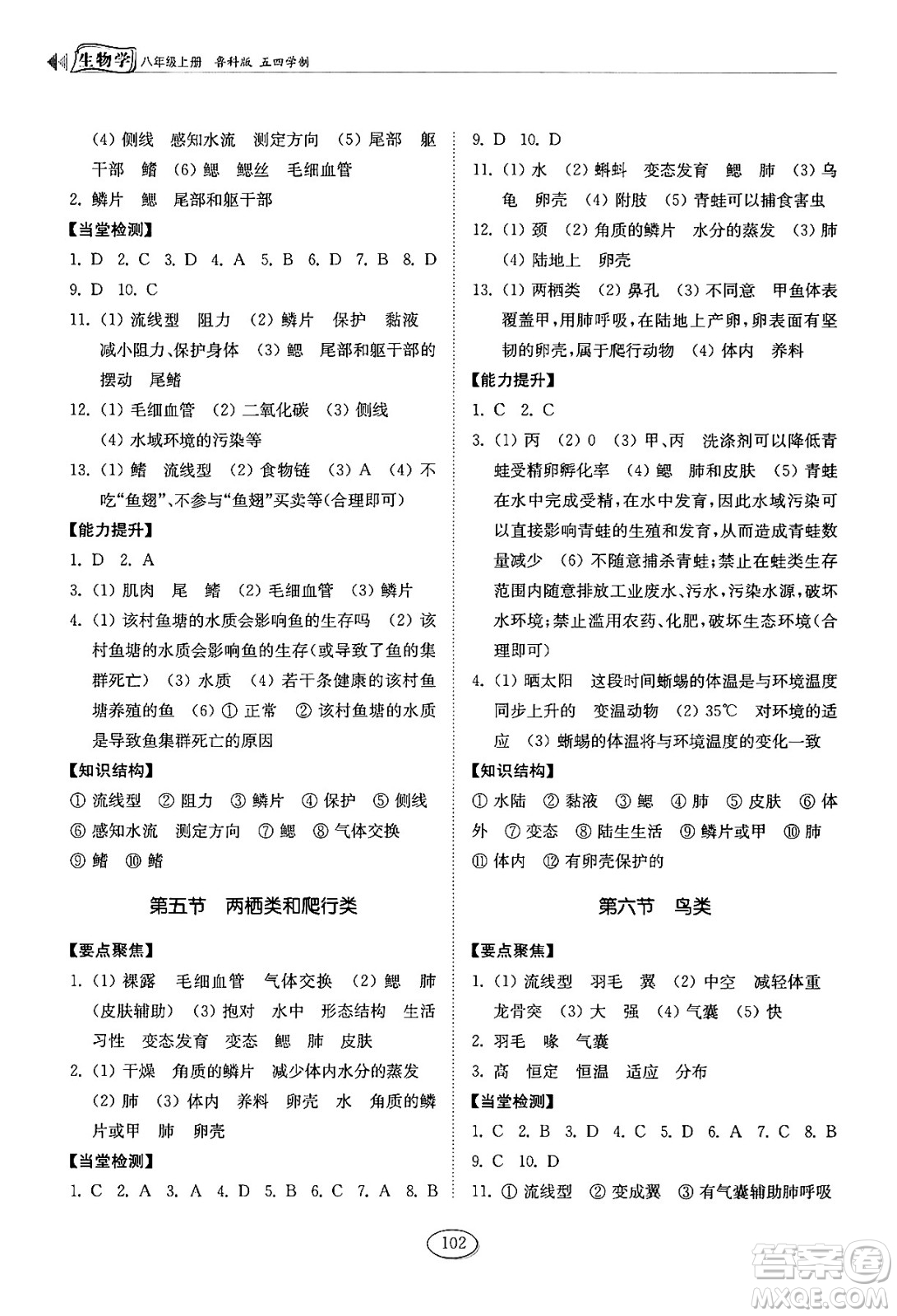 山東科學(xué)技術(shù)出版社2024秋初中同步練習(xí)冊八年級(jí)生物上冊魯科版五四制答案