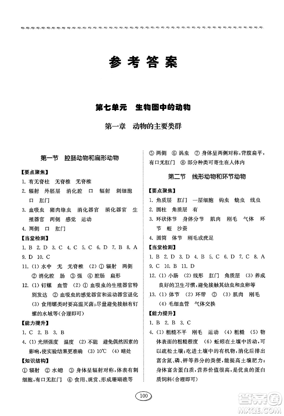 山東科學(xué)技術(shù)出版社2024秋初中同步練習(xí)冊八年級(jí)生物上冊魯科版五四制答案